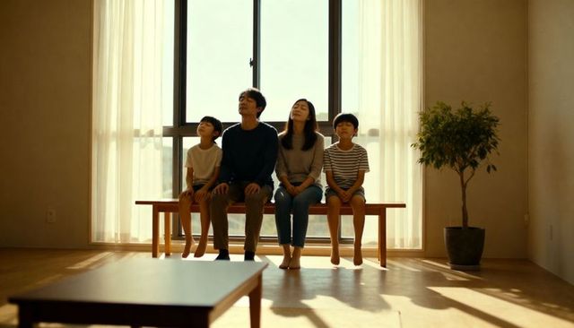Barefoot family sitting together on wooden bench in sunlit minimalist living room, quiet moment