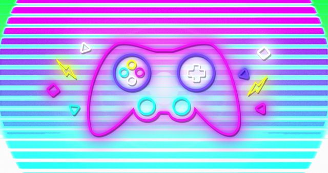 Neon Game Controller on Vibrant Striped Background - Download Free Stock Images Pikwizard.com