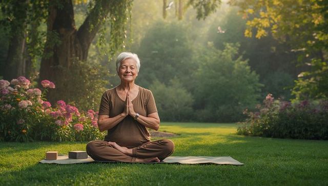 Senior woman practicing morning yoga and meditation in sunlit garden with blooming flowers