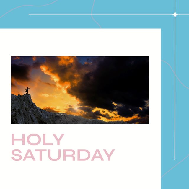 Composite of cross on top of mountain against sky, holy saturday text on white and blue background. Copy space, nature, christianity, ends of lenten season, tradition and commemoration concept.