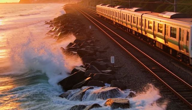 Coastal commuter train running along rocky breakwater during golden hour, waves crashing