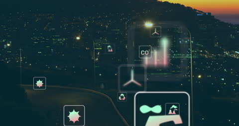 Animated Icons Overlay on Urban Traffic Scene at Night