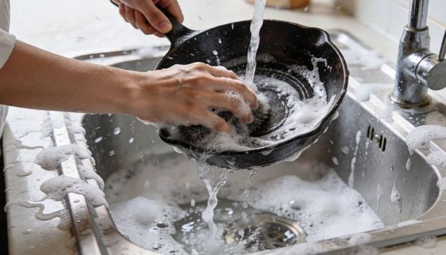 Hand washing cast-iron skillet under running water with soapy scrub brush kitchen sink closeup