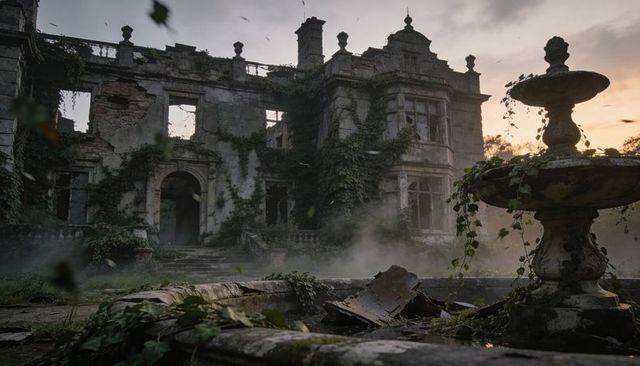 Overgrown victorian manor ruins with broken fountain, ivy-covered facade and misty courtyard at dusk