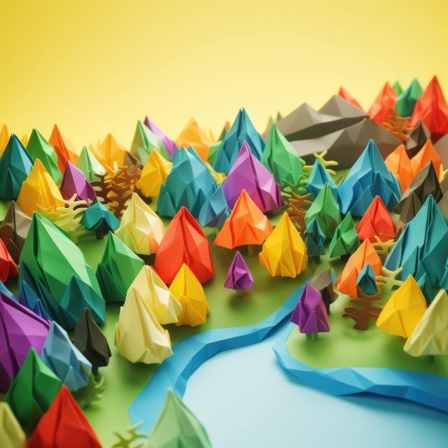 Rainbow origami landscape with trees and mountains, created using generative ai technology. Orgiami art, scenery, nature and pattern concept digitally generated image.