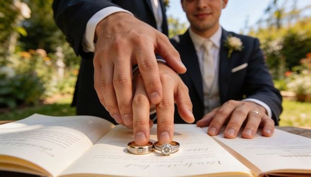 Grooms placing wedding rings on open marriage registry book in sunlit garden ceremony