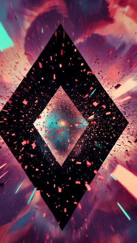 Vertical Sci-Fi Rhombus Eruption Launching Neon Shards Through Vibrant Cosmic Nebula