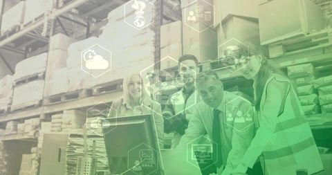 Warehouse team collaborating with digital overlay icons