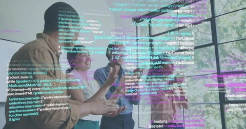 Business team collaborating with AR interface on glass wall, pointing and analyzing data