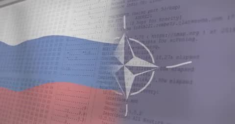 NATO Emblem Over Network Scan Text with Russian Flag Colors