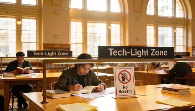 Student studying in tech-light zone reading and writing at no screens library desk
