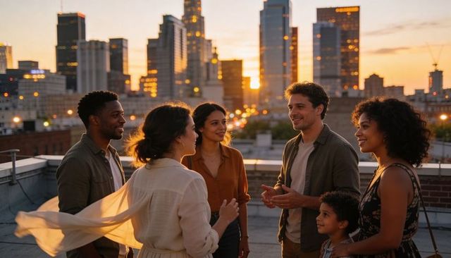Diverse friends chatting on urban rooftop at sunset sharing laughter with city skyline