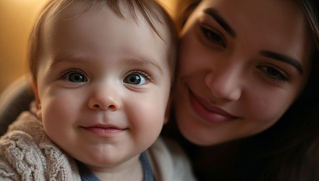 Smiling infant leaning toward caregiver wearing textured knitted sweater in warm home light