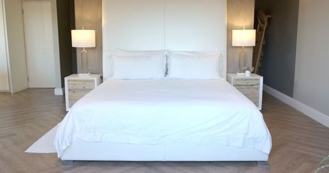 Contemporary minimalist bedroom with white platform bed