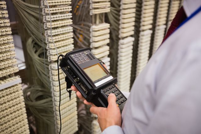 Technician using digital cable analyzer in server room filled with cables and network equipment. Ideal for illustrating concepts related to IT maintenance, network diagnostics, data center operations, and technology infrastructure.