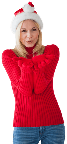 Smiling Woman in Santa Hat with Open Hands on Transparent Background