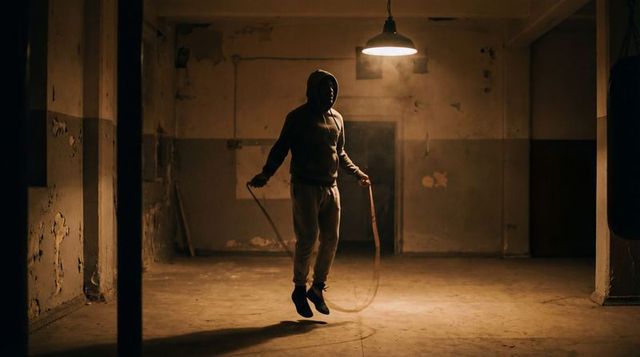 Hooded boxer skipping rope in gritty warehouse under single lamp, silhouette, moody training