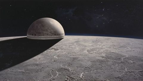 Lunar dome casting long shadow over cratered regolith, vented hemisphere silhouette