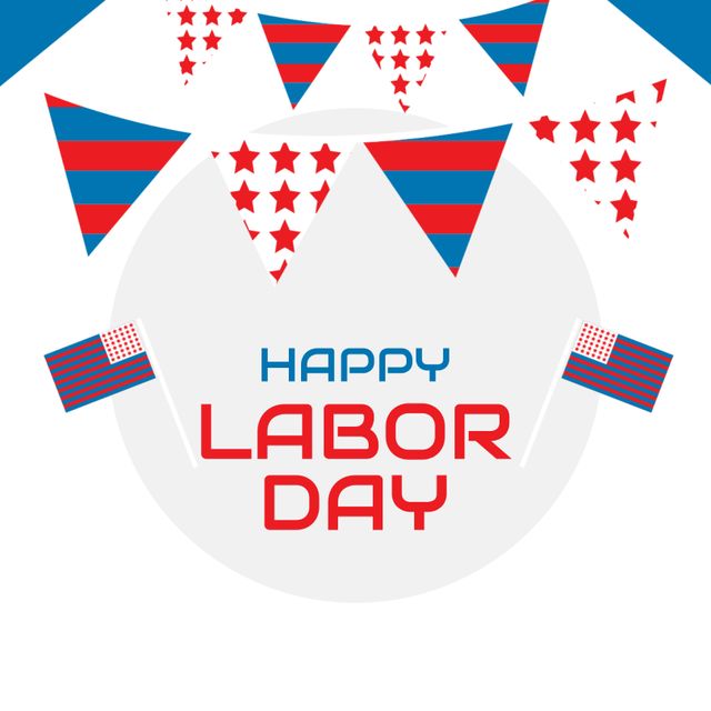 Illustration of happy labor day text and buntings with star shapes and stripes on white background. Copy space, decoration, red, blue, employment, honor, freedom, celebration and holiday concept.