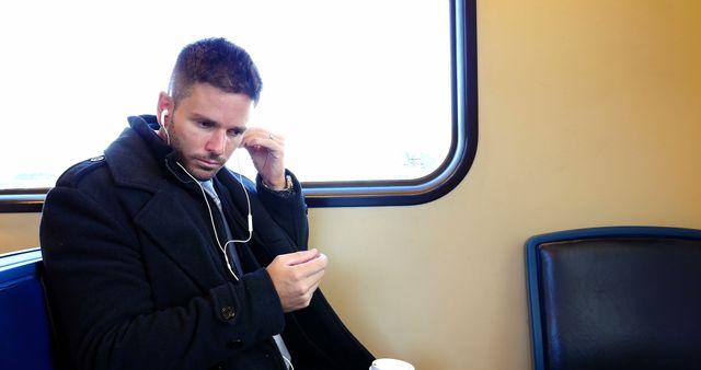 Young man commuting alone while listening to music through headphones. Scene depicts modern urban travel and solitude, with the person occupying a window seat on the train. Potential uses include illustrating themes of daily commute, personal relaxation, or modern technology in everyday life.