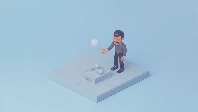 Lowpoly man balancing hovering sphere on hex platform pedestal, isometric minimal ai art