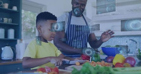 Child learning chopping vegetables with parent using augmented reality cooking guidance