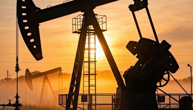 Pumpjack silhouettes pumping at golden sunrise in misty rural oilfield