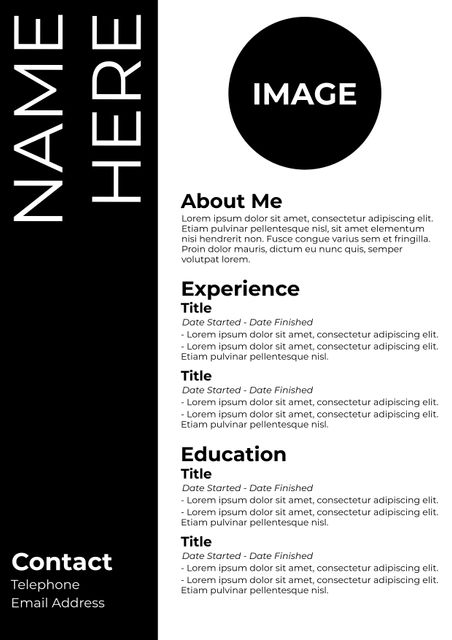 This elegant black-and-white resume template is designed to promote professionalism with a sleek and modern look. It features clearly defined sections for About Me, Experience, Education, and Contact information, ensuring clarity and focus. Ideal for job seekers, fresh graduates, and professionals looking to present their information in an organized and attractive manner. The minimalistic design enhances readability, making a strong impact on potential employers.