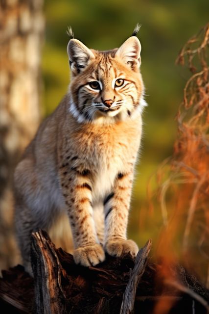 Close up of bobcat standing on wood in field, created using generative ai technology. Nature, animal and wildlife concept digitally generated image.