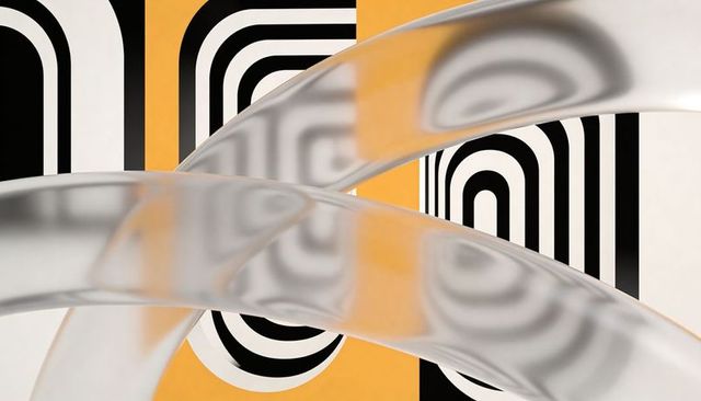 Translucent glass ribbons distorting mustard panels with black rounded arches minimal art