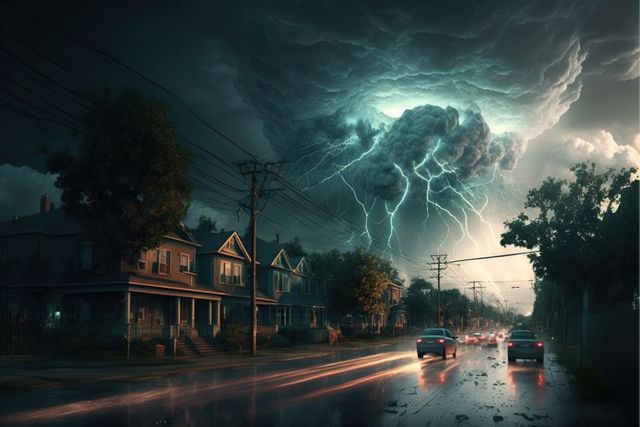 Thunderstorm Lightning Strikes Over Suburban Street - Download Free Stock Images Pikwizard.com