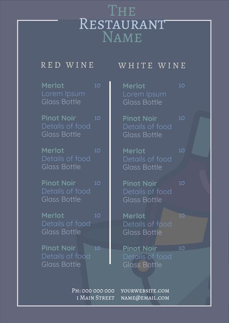 Elegant menu template perfect for wine tastings and gourmet dining events. Features a stylish design that prominently displays red and white wine lists with space for details. Ideal for upscale restaurants looking to enhance their marketing materials. Fully editable for customization.