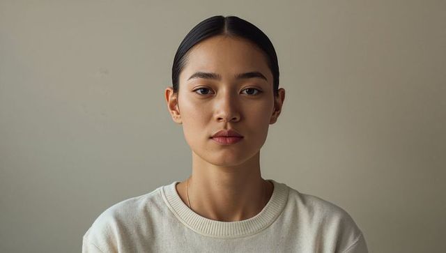 Minimal neutral portrait woman facing camera wearing crewneck sweater and delicate necklace