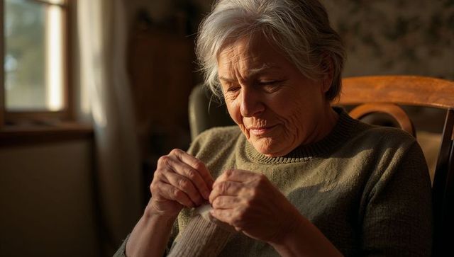 Senior woman knitting and mending gray sock by window in cozy olive sweater