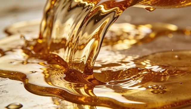 Pouring golden syrup flowing in viscous ribbon with glowing bubbles macro texture