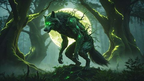 Mystical werewolf with glowing branches saga