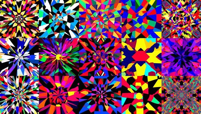 Displaying neon kaleidoscope grid twenty vibrant geometric panels for digital backgrounds