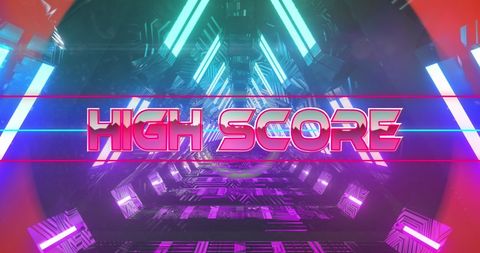 High score neon banner in futuristic glowing tunnel