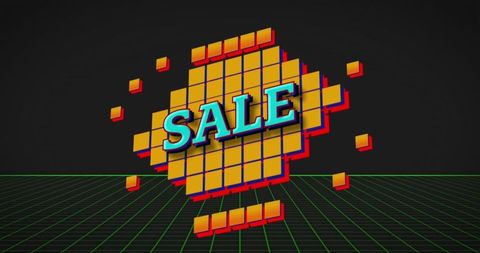Retro Sale Banner with Neon Grid and Abstract Blocks