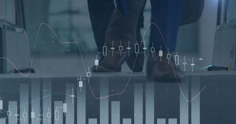Financial data overlay on office escalator scene