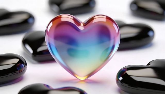 Iridescent glass heart standing among glossy black hearts multicolor minimalist concept