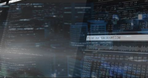 Futuristic Encryption Interface with Scrolling Code and Hex Display