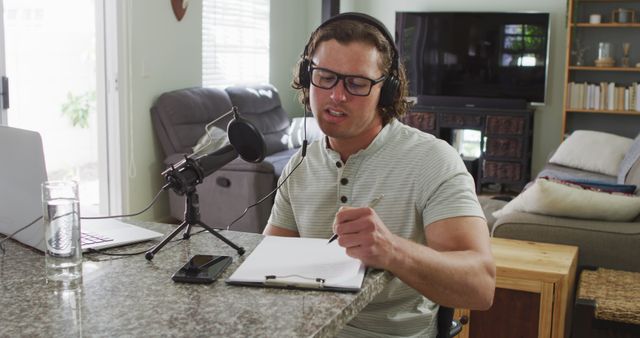 Man Podcaster With Headphones Recording at Home - Download Free Stock Images Pikwizard.com