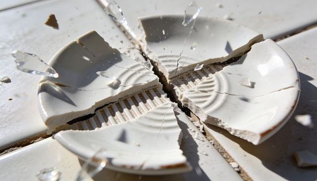 Sunlit white ceramic plate shattering into large pieces on tiled tabletop