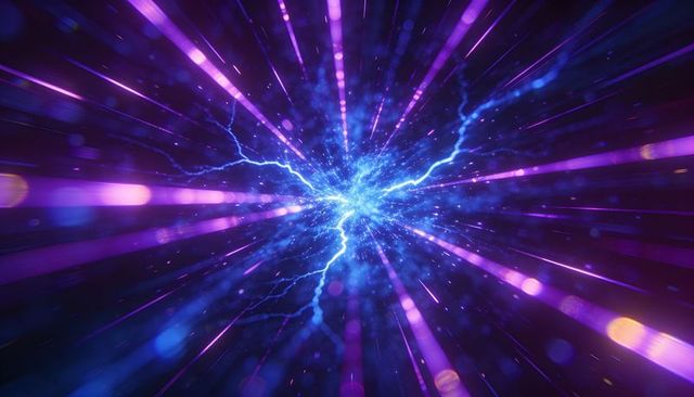 Pulsing electric-blue energy core emitting lightning filaments and magenta neon beams
