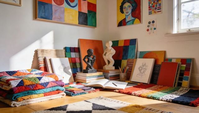 Sunlit home studio showcasing patchwork quilts, colorful rugs, sculptures, sketchbooks