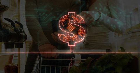 Couple checking phone while shopping with neon dollar circuit overlay for digital payments