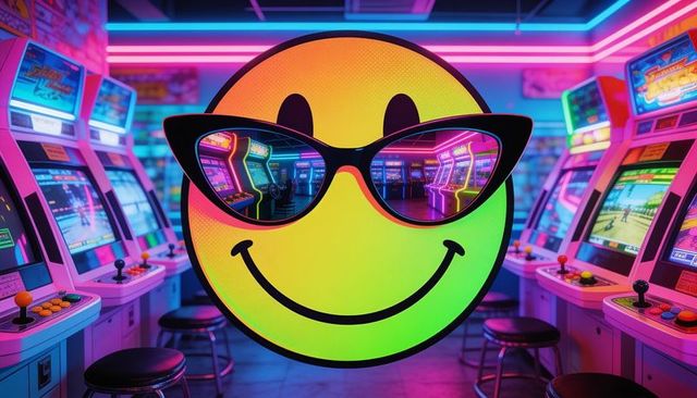 Neon smiley with sunglasses reflecting retro arcade cabinets and synthwave neon lighting
