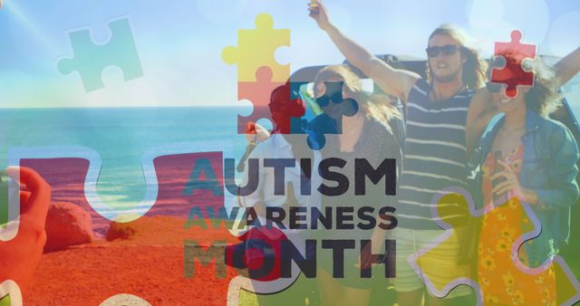 Group of people celebrating Autism Awareness Month by the beach with colorful puzzle piece overlay and ocean in the background. Use for awareness campaigns, community support and inclusivity promotion.