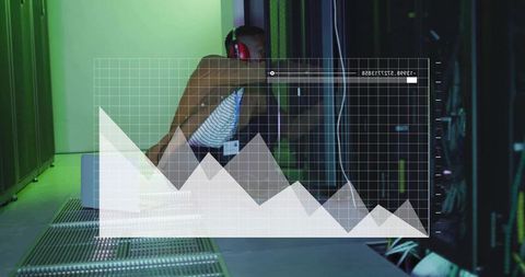 Data center technician inspecting server rack with analytics overlay showing network performance